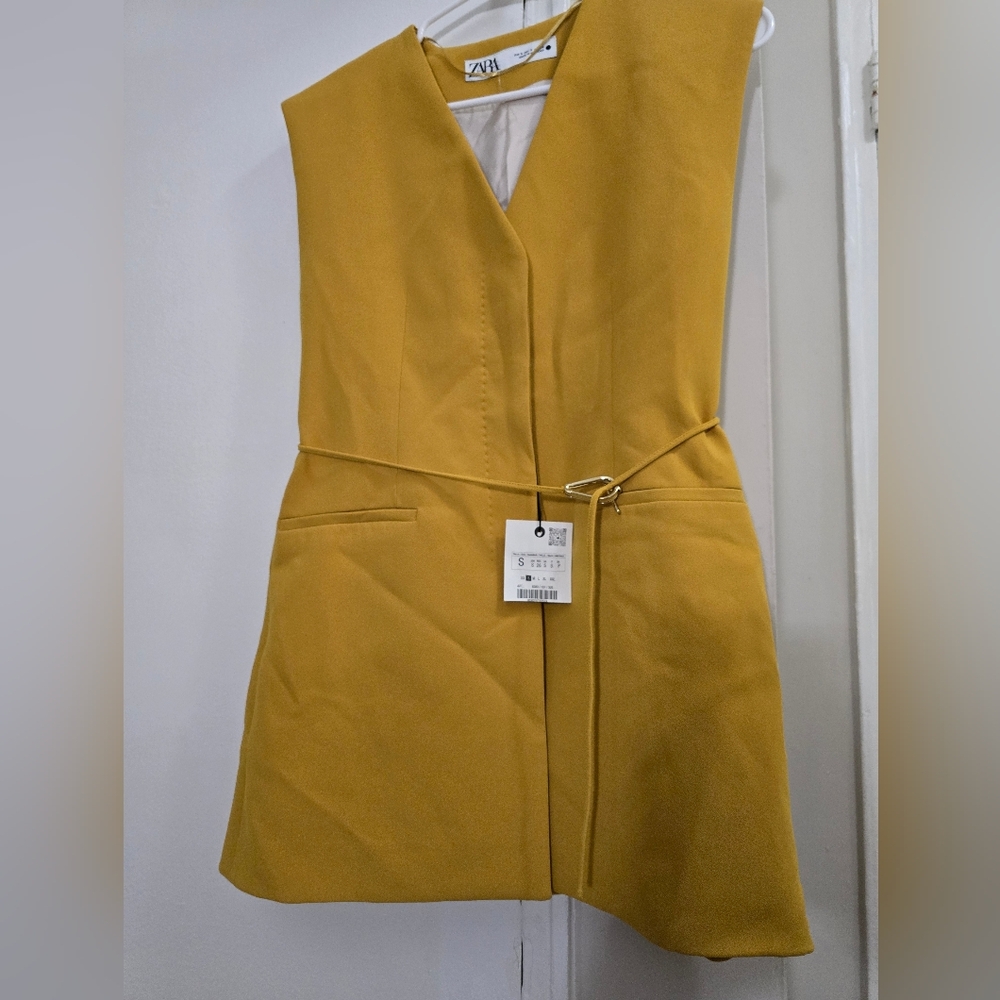 Zara Sleeveless V-Neck Mustard Dress with Waist Tie - Picture 10 of 10
